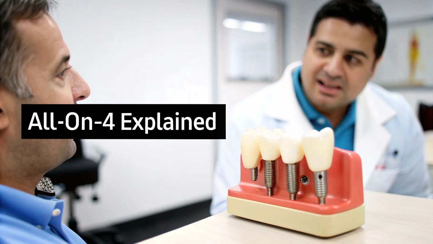 A dentist explains the All-On-4 dental implant procedure to a patient using a detailed model.